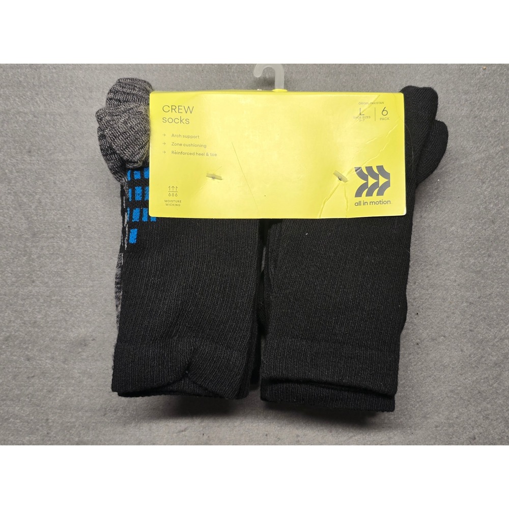 All in Motion 6 Pack Crew Socks Black Multi Shoe Size 3-7 Arch Support Cushioned